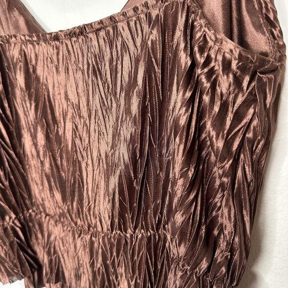 Zara Bronze Brown Travel Crinkle Satin Peplum Tank Spaghetti Strap V-Neck S - Picture 7 of 13